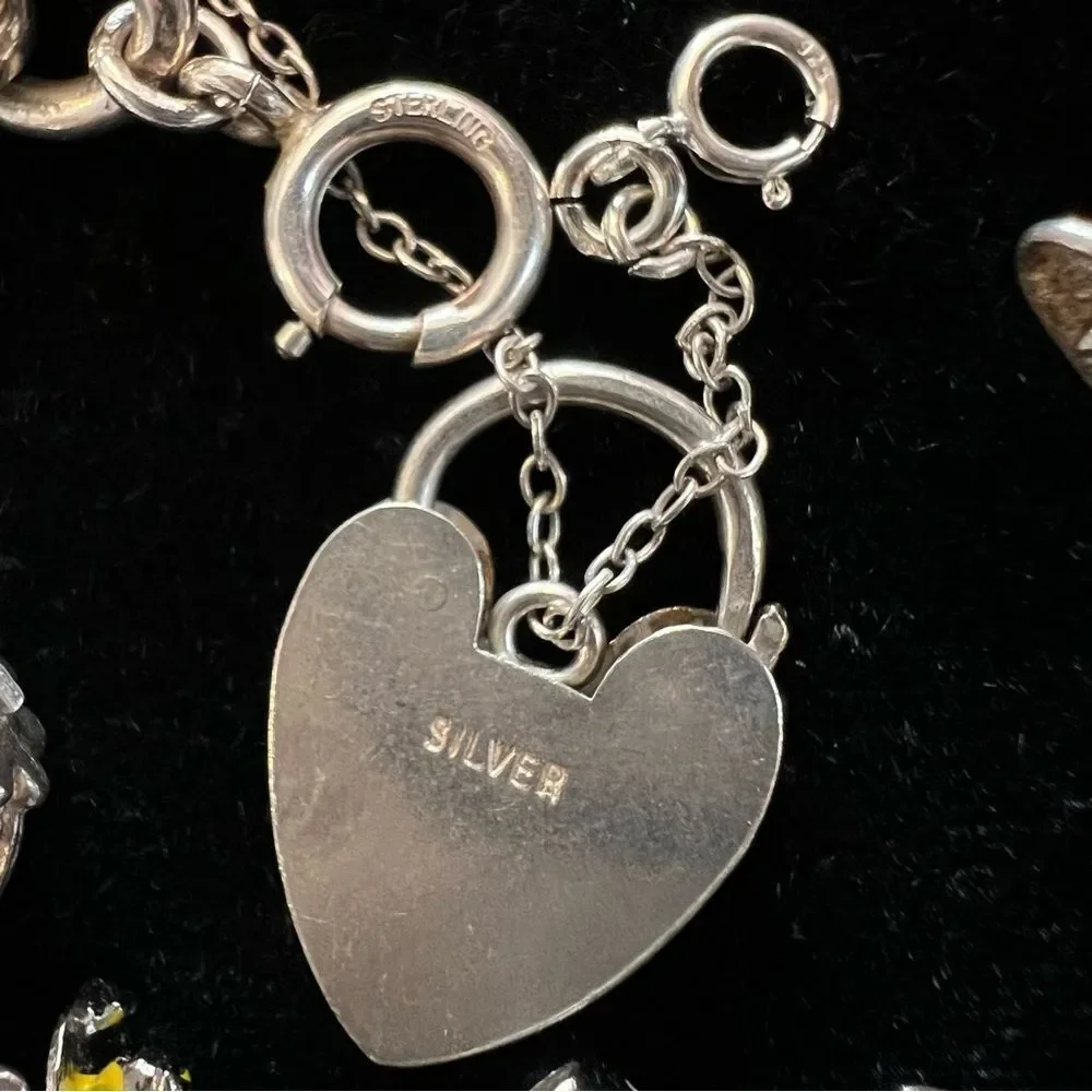 VINTAGE CHARM BRACELET HEART LOCKET TRAVEL 60s 70s STERLING SILVER 925 124G EVC